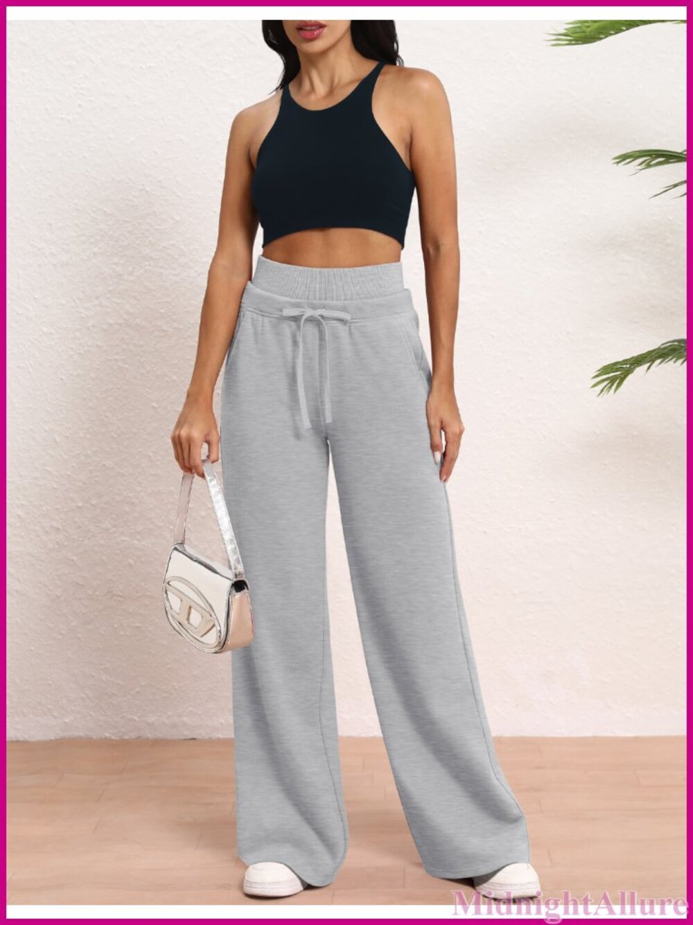 Wide Leg Sweatpants High Rise Tummy Control Drawstring Pockets - Picture 6 of 6